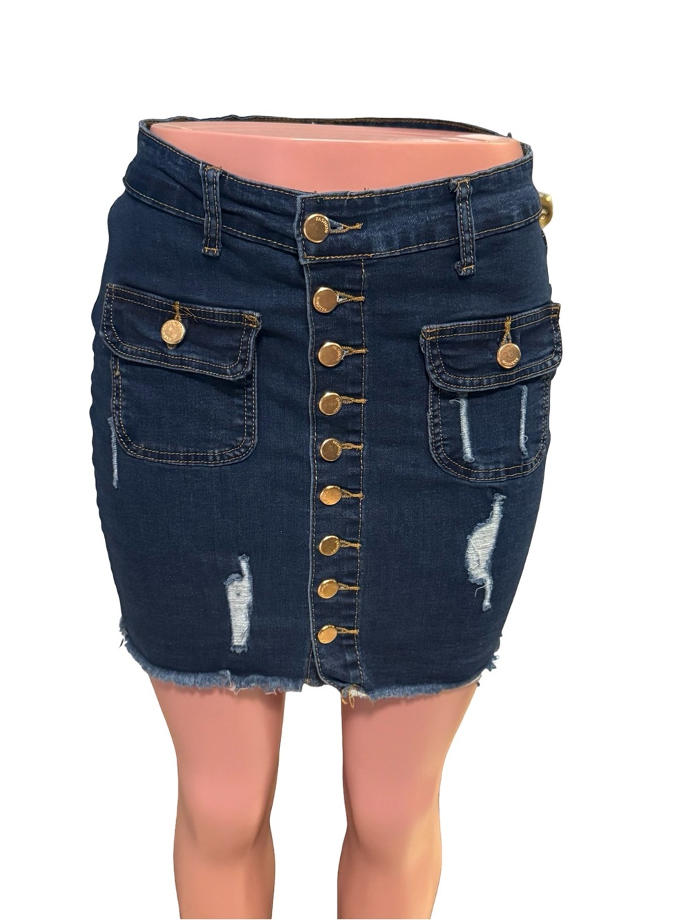 Gold-Button Dark Blue Distressed Denim Mini Skirt